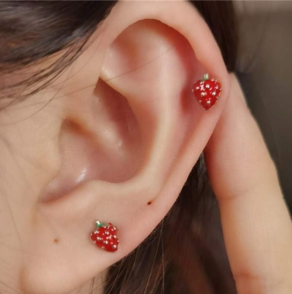 Tiny Red Strawberry Earrings Cute Mini Fruit Enamel Berries Post Berry Studs - Picture 2 of 5